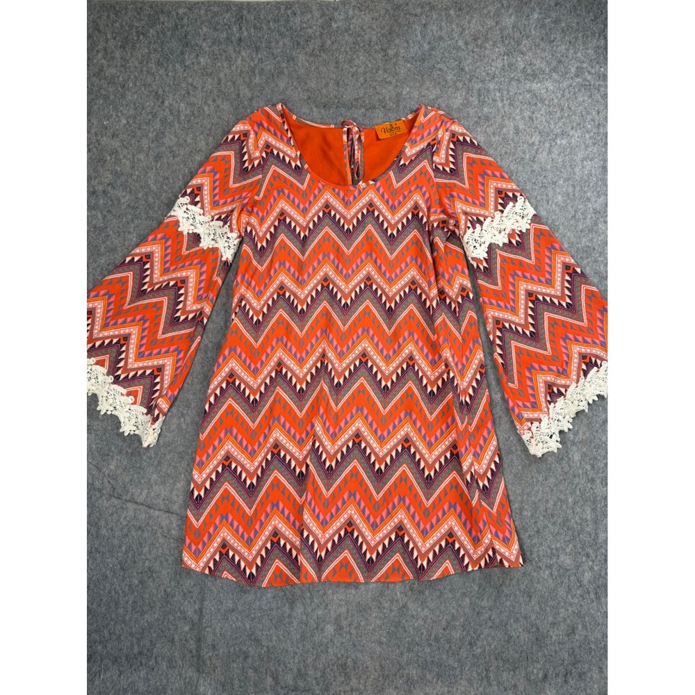 Voom by Joy Han Dress Women S Orange Zigzag Lace Bell Sleeve Boho Shift Festival